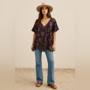 Free People‎ Fall Floral Oversized Blouse Linen Blend wide flowy Xs